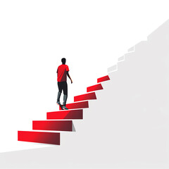 A man is walking up a red staircase. The stairs are red and white
