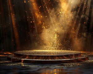 Abstract gold background featuring a lighted stage for a winner podium, selective focus ethereal overlay in a black and gold studio setting
