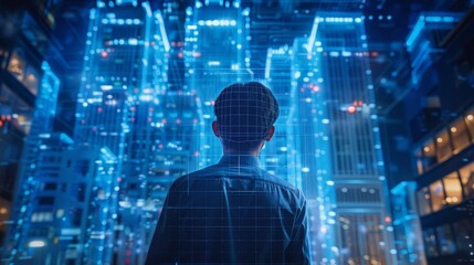 An architect examining a digital twin of a building for structural integrity and design adjustments,