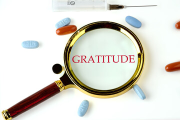 Concept GRATITUDE written through a magnifying glass on a white background