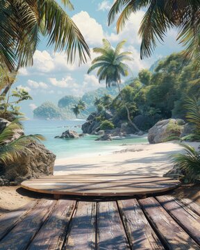 Beach podium for travel promotion, close up whimsical manipulation with a background of sundrenched island shores