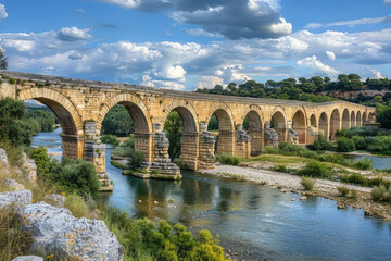 Fototapeta na wymiar The ancient Roman aqueduct, Pont du Gard, spanning the Gardon River in southern France