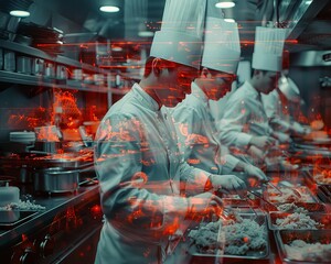 A team of professional chefs in a commercial kitchen, wearing white uniforms and toques, are hard at work preparing a delicious meal.