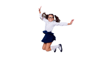 Dynamic images. 1-september concept. Full length, legs, body, size portrait of smart, intelligent, cheerful, small girl in dark blue skirt, white blouse jumping isolated on light gray background