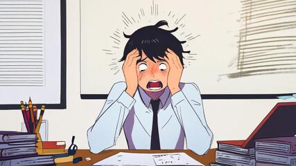 Man stressed of workload, cartoon style artwork
