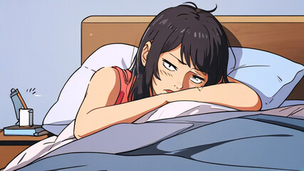 Tired woman, cartoon style artwork