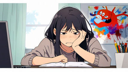 A female bored of studying and work, cartoon style artwork