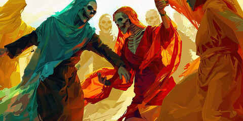 Fototapeta premium The Dance of Life and Death - A group of figures, one clothed in vibrant garb and the other draped in a shroud, dance together in a circle, their movements mimicking the cycle of life and death