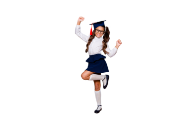 Full size body length of positive glad nice adorable cute small little girl with curly pigtail in white shirt, skirt, master's hat, dancing. Isolated over black background