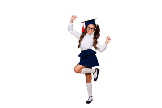 Full size body length of positive glad nice adorable cute small little girl with curly pigtail in white shirt, skirt, master's hat, dancing. Isolated over black background