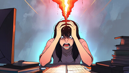 A female with exam stress, cartoon style artwork