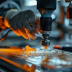 A gloved hand operates a machine that dispenses a liquid onto a surface.