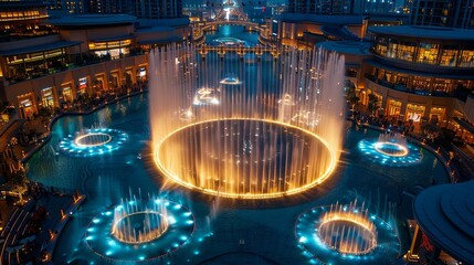 Dubai Mall with its spectacular fountain display, focus on mystical presentation and vibrant city background