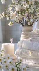 Elegant spa table display featuring white luxury towels and floral accessories, selective focus ethereal manipulation in a calm bathroom setting