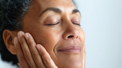 A middle-aged woman with her eyes closed, touching the skin on one side of her face and smiling gently in hope that she has ramed against a white background