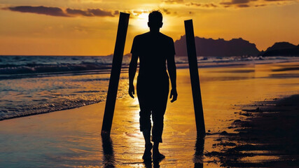 A lonely man walking in beach looking at the sunset