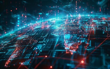 Obraz premium Global network illustrated with a digital earth and orbiting data links, close up dynamic multilayer for cyber technology theme