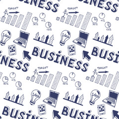Seamless pattern business doodle sketch, infographics elements isolated, vector shapes. Vector hand drawn illustration. Includes icons: graph, business plan, computer, smartphone, logistics, network