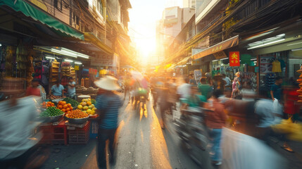 Fototapeta premium Blurred individuals moving along an urban street