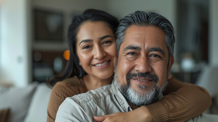 Obraz premium Cinematic photo of a happy middle aged Hispanic man sitting on the couch in the living room, his wife standing behind him and embracing her husband from behind with a smile on her face