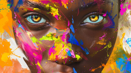 close-up shot Portrait, poster abstract An African woman is looking straight at the camera with impressive eyes - Powered by Adobe