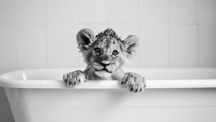 Cute Lion Cub in a Bathtub with Soaked Fur and a Curious Look on a White Tiled Background