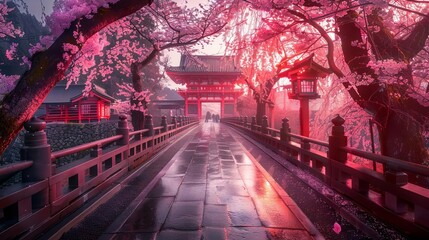 Kiyomizudera temple walkway with cherry blossoms in full bloom, focus on the most magical editing