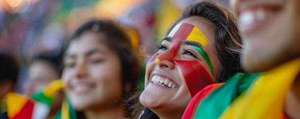 happy Bolivian soccer female fan with her face painted in the vibrant hues of the Bolivian flag, in soccer stadium watching a Bolivian national soccer team game with other soccer fans