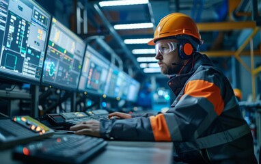 Fototapeta premium Operators improve machine control systems with new technology, focus on dynamic editing and lively backgrounds