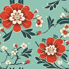 Retro seamless pattern with red and white flowers on a blue background. Vector illustration.