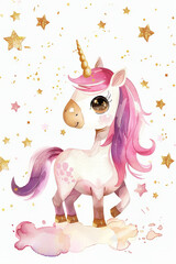  cute baby unicorn, pinky, colorful light pastel colors, childish illustration, white background, gold stars background