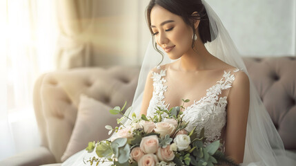 Stunning bride in a white wedding dress, holding a bouquet of flowers, sitting on a sofa near a window with bright light and pastel colors - Powered by Adobe
