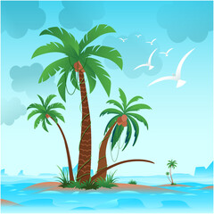 Coconut trees green grass with Sky cloud and birds vector illustration