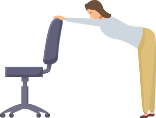 Illustration of a modern female employee stretching at her ergonomic office chair for midday stress relief and improved posture, promoting a healthy and active lifestyle in the workplace