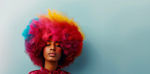 A woman with a rainbow colored afro is sitting with her eyes closed. Concept of relaxation The vibrant colors of her hair. African American Female and Her Big Amazing Colorful Afro on White Background