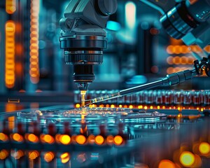 A robotic arm with a pipette is shown taking a sample from a well plate in a laboratory setting