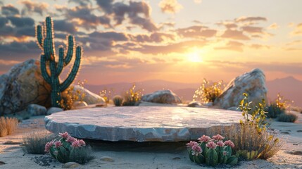 Fototapeta premium Podium set on a sandy stage with a stone and cactus background for beauty products, close up dynamic double exposure with a sunset desert backdrop