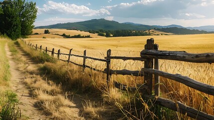 Idyllic countryside scene with a rustic wooden fence leading into a field of golden wheat. - Powered by Adobe