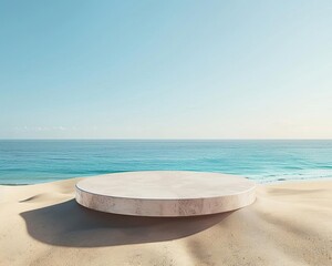 Sandy beach pedestal for holiday sales presentation, close up dynamic blend mode against a backdrop of clear summer sky