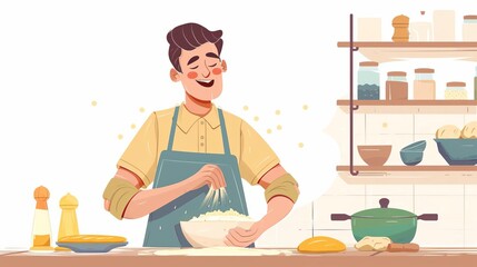 Happy guy in apron mixing ingredients preparing dough in bowl vector flat illustration Smiling man cooking dessert at kitchen table isolated on white Preparation homemade pastry or baking