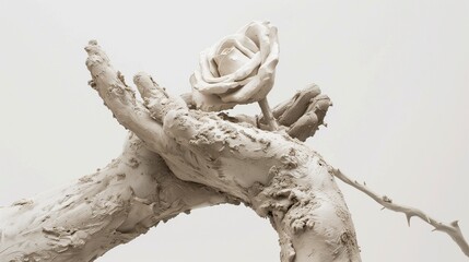 Capture a clay-modeled figure covered in mud, featuring an exceptionally large arm and hand delicately holding a rose, against a clean white background for a striking visual contrast.