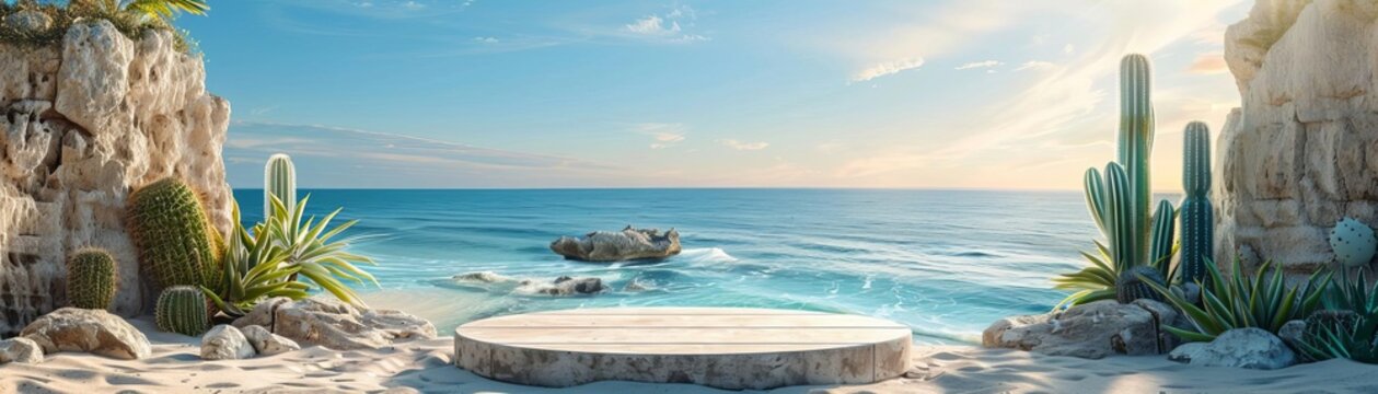 Stone podium on a beach with cactus decorations for summer products, close up futuristic overlay with a clear blue sky backdrop