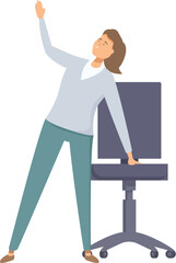 Illustration of a smiling woman stretching next to her office chair, promoting workplace wellness