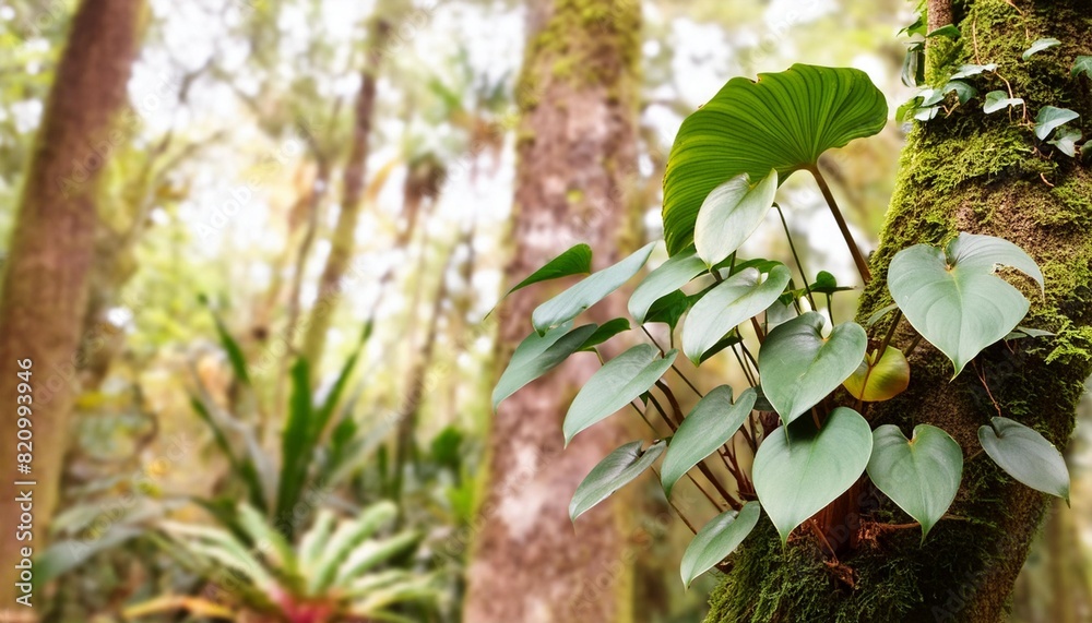 Sticker climbing philodendron philodendron billietiae tropical foliage plant growing on rainforest tree trun