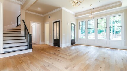 Fototapeta premium a modern farmhouse interior design house, adorned with single panel black interior doors, accented by gold hardware, and featuring modern lines, white door trim, and white baseboards.
