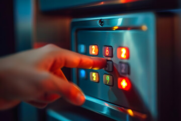 Close-up of hand entering code on secure keypad