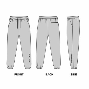 Technical sketch of athletic jogger pants isolate, on white background. Sports pants template front, back and side view. Drawing of jersey drawstring pants, gray color.