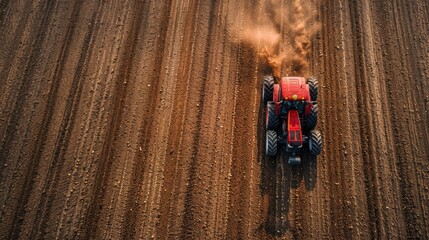 A red tractor working on a field.