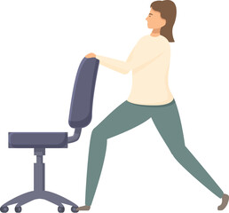 Illustration of a young adult woman adjusting the positioning of an empty office chair in a modern, ergonomic workspace for a professional setting