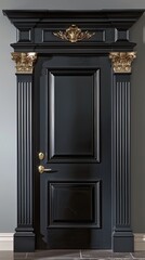 a modern farmhouse interior design house, adorned with single panel black interior doors, accented by gold hardware, and featuring modern lines, white door trim, and white baseboards.